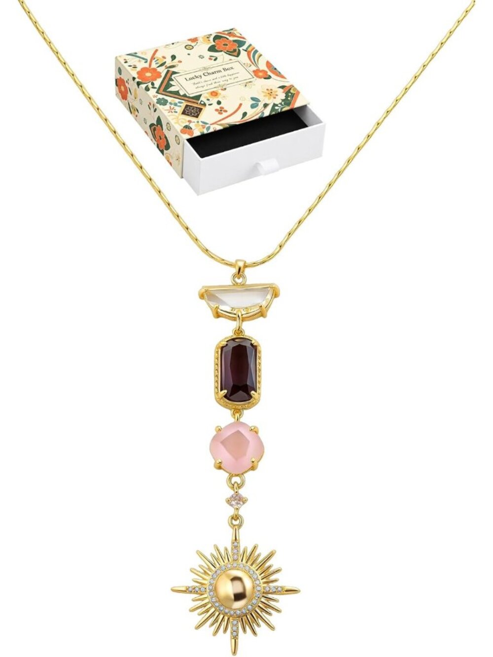 Boho Sunburst Necklace for Women | 14K Gold Plated with Amethyst & Rose Quartz